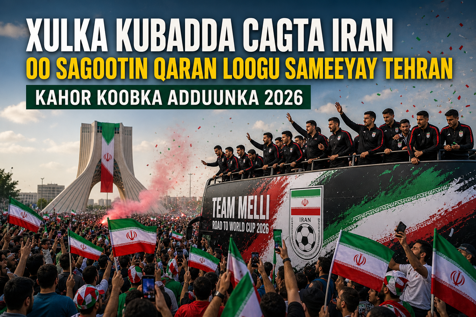 Taageerayaal Iran ah oo sagootin weyn u sameynaya xulka qaranka Iran kahor Koobka Adduunka 2026 ee Tehran.
