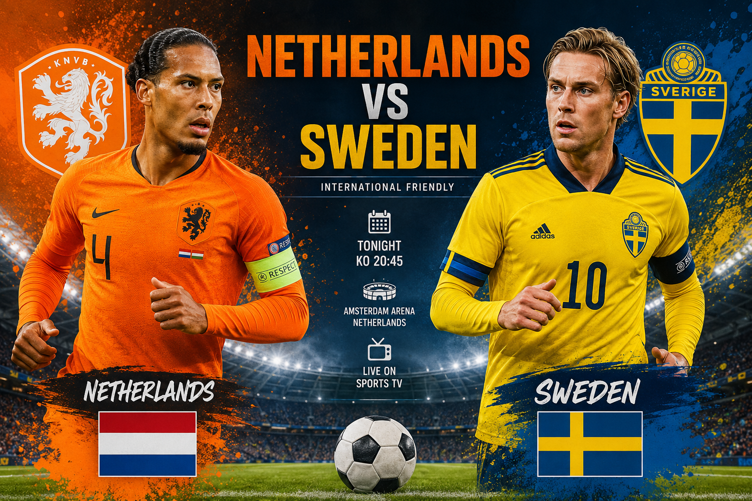 A dramatic football match poster featuring Netherlands vs Sweden. On the left, Dutch captain Virgil van Dijk wears the orange Netherlands jersey against an orange background with the KNVB crest. On the right, Swedish winger Taha Ali wears Sweden's yellow jersey against a blue and yellow backdrop with the Swedish national team crest. Bold text in the center reads "Netherlands vs Sweden" above match details, with a football and illuminated stadium lights creating an exciting atmosphere.