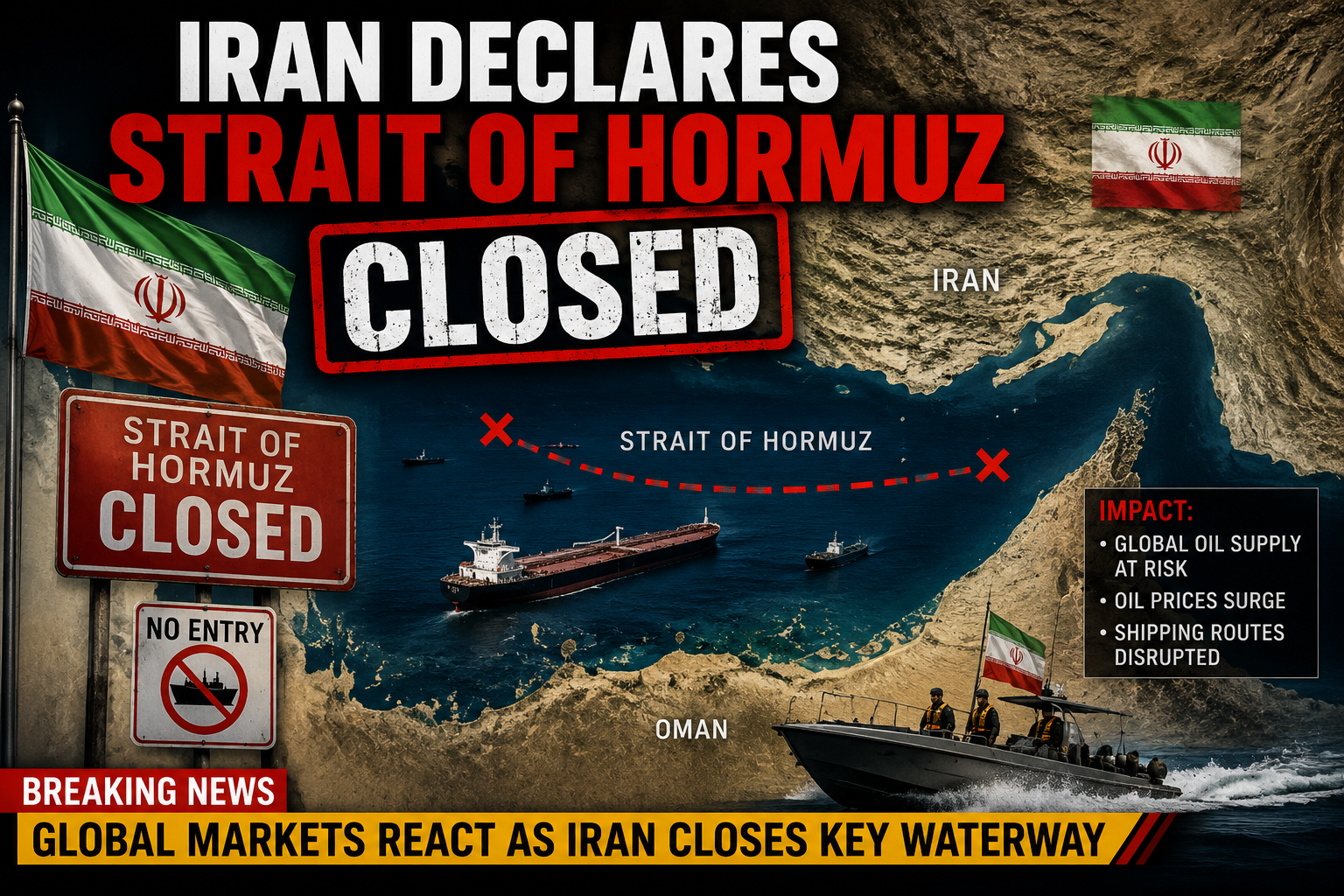 A dramatic breaking news graphic showing Iran declaring the Strait of Hormuz closed. The image features a satellite-style map of the strategic waterway between Iran and Oman, oil tankers, military boats, Iranian flags, and a large red "CLOSED" warning sign. A breaking news banner highlights concerns over global oil supply, rising oil prices, and disrupted shipping routes.